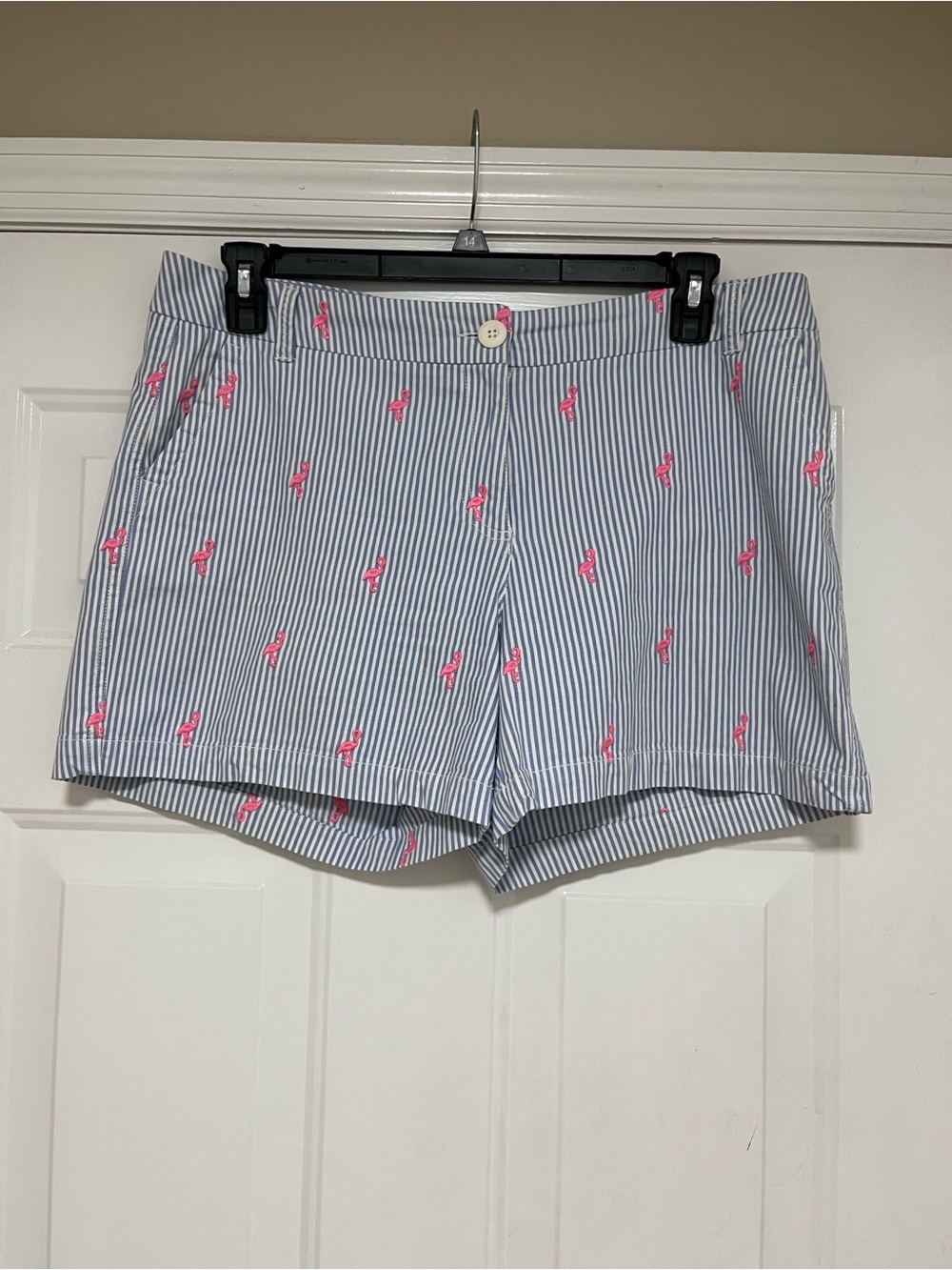 Crown & Ivy Blue Stripe Shorts with Pink Flamingo Embroidery Size 12 Women’s